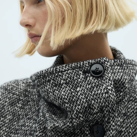 Mango Women's Mottled Double-Breasted Black & White Tweed Pea Coat - Picture 5 of 8